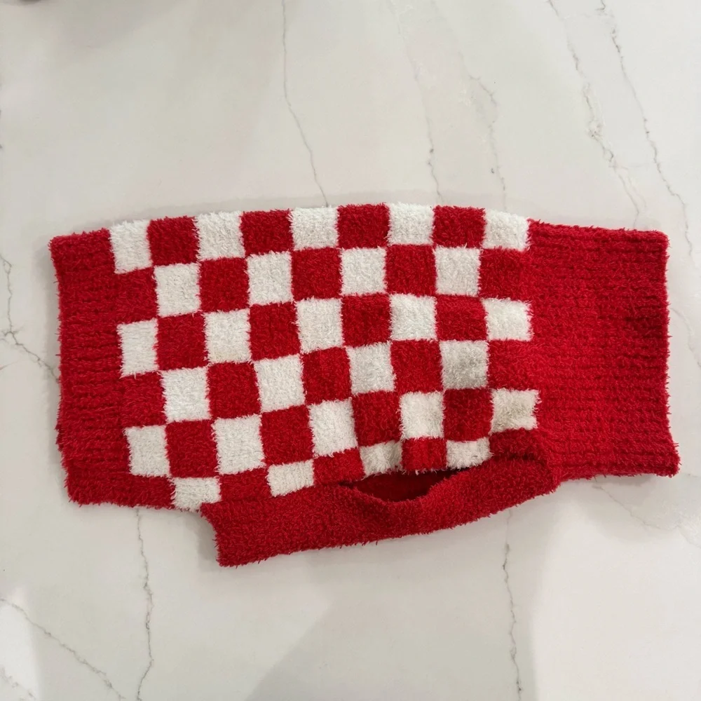 Dog Christmas Sweater Pullover Checkerboard Red White Size L